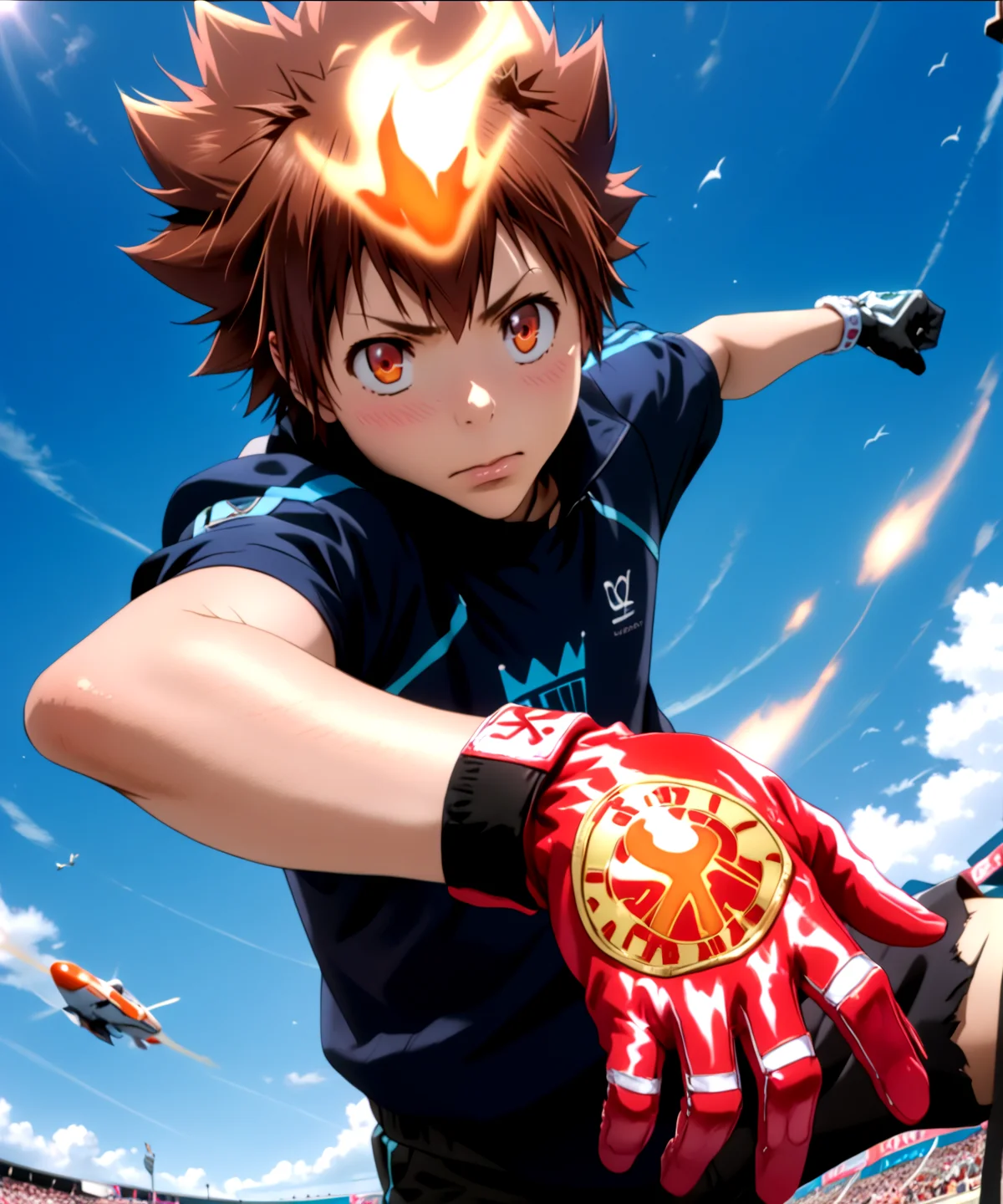score_9, score_8_up, score_7_up,
Tsunayoshi Sawada, X-Gloves activated, intense expression, mid-air pose, flames on hands, detailed gloves, high detail, photorealistic, vibrant colors, battle-torn background
<lora:Tsunayoshi_Sawada_æ²¢ç°_ç¶±å__2_Looks_-_Katekyo_Hitman_Reborn_å®¶åºæå¸«ããããã³REBORN_-_Pony:1> tsunayoshi sawada, brown hair, orange eyes, tsuna hyper, dynamic pose, motion lines