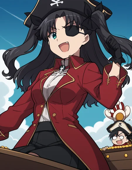 score_9, score_8_up, score_7_up, source_anime, <lora:carnivalphantasm-rin-tohsaka-ova-ponyxl-lora-nochekaiser:1>, rin tohsaka, aqua eyes, black hair, hair ribbon, long hair, ribbon, sidelocks, two side up, parted bangs, medium breasts,, <lora:pirate-costume-ponyxl-lora-nochekaiser:1>, pirate costume, pirate hat, skirt, gloves, jacket, shirt, eyepatch,, blue sky, sea, ocean, pirate ship, treasure, gold, smug, open mouth, from below, sitting,, , dutch angle, cowboy shot