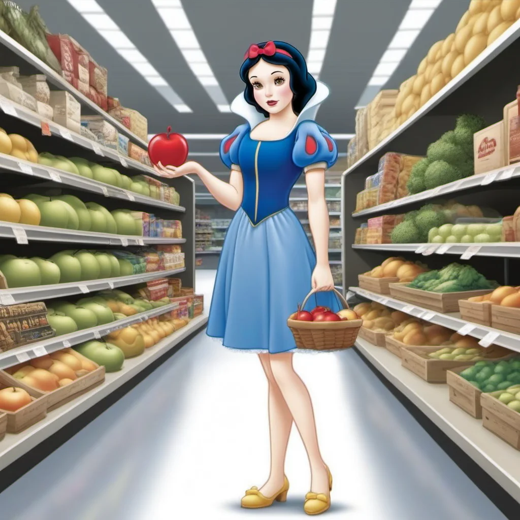 Dystopian style SnowWhite1024, a cartoon woman full body with an apple grocery shopping in wallmart <lora:SnowWhite1024:0.8> . Bleak, post-apocalyptic, somber, dramatic, highly detailed