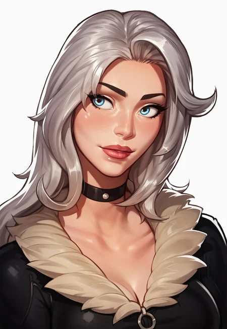 safe_pos, score_9, score_8_up, score_7_up, score_6_up, score_5_up, score_4_up, blackcat, silver hair, lipstick, blue eyes, , chocker, black bodysuit,, latex, fur trim, breasts, white background,upper body,white fur