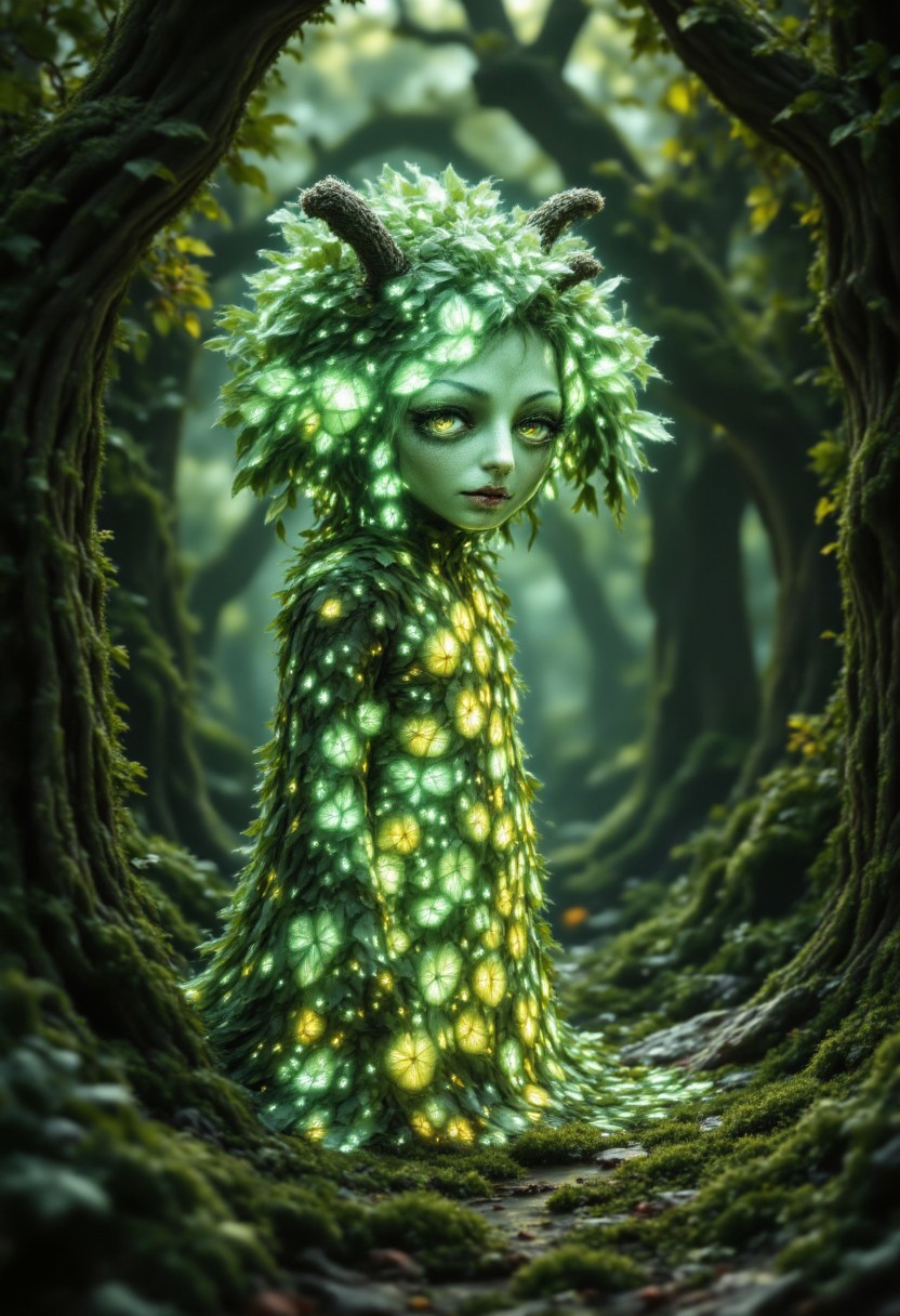 A sylvan creature, its skin the color of moss and its eyes shimmering with an emerald glow, stands within an ancient grove. It wears a dress woven from moonlight and wildflowers, adorned with iridescent feathers and shimmering with an ethereal light. Its presence seems to make the sunlight filter through the leaves in a kaleidoscopic dance, the colors blending and swirling like liquid dream