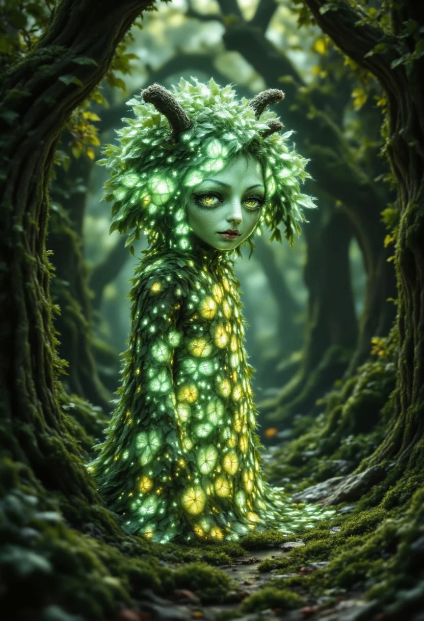 A sylvan creature, its skin the color of moss and its eyes shimmering with an emerald glow, stands within an ancient grove. It wears a dress woven from moonlight and wildflowers, adorned with iridescent feathers and shimmering with an ethereal light. Its presence seems to make the sunlight filter through the leaves in a kaleidoscopic dance, the colors blending and swirling like liquid dream
