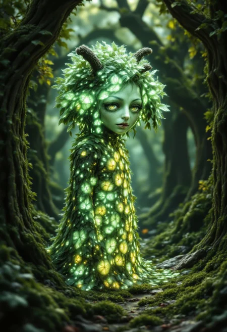 A sylvan creature, its skin the color of moss and its eyes shimmering with an emerald glow, stands within an ancient grove. It wears a dress woven from moonlight and wildflowers, adorned with iridescent feathers and shimmering with an ethereal light. Its presence seems to make the sunlight filter through the leaves in a kaleidoscopic dance, the colors blending and swirling like liquid dream