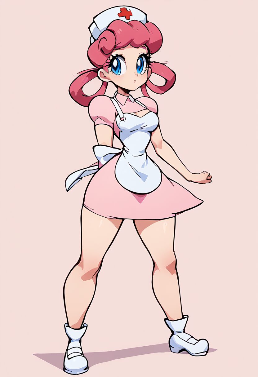 score_9, score_8_up, score_8, medium breasts, (curvy), cute, eyelashes,        zznursejoy, pink hair, hair rings, blue eyes, pink dress, apron, nurse cap, white footwear, zPDXL, p4st3lg0r3