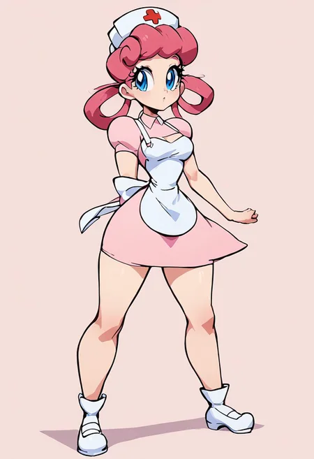 score_9, score_8_up, score_8, medium breasts, (curvy), cute, eyelashes,        zznursejoy, pink hair, hair rings, blue eyes, pink dress, apron, nurse cap, white footwear, zPDXL, p4st3lg0r3