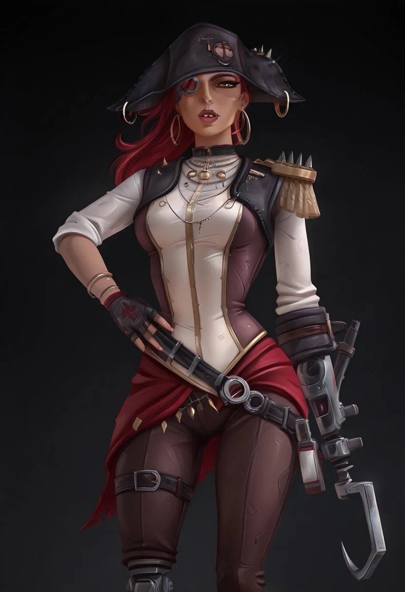dynamic pose, 1girl, solo, slim,
SCARLETTBL2, long hair, jewelry, hoop earrings, eyepatch, pirate hat,, fingerless gloves, bracelet, mechanical hook hand, single mechanical arm,single mechanical leg, lip piercing, fully clothed, boots,,
BREAK,
masterpiece, extremely aesthetic, highly detailed,