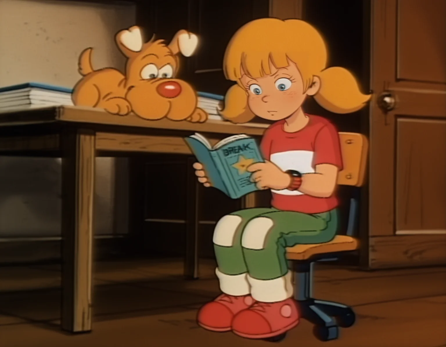 <lora:PennyIG80s:0.9> masterpiece, best quality, amazing quality, very aesthetic, absurdres, depth of field, blurry background, extremely detailed face, detailed eyes, (official style:1.2), screencap, rating_safe, safe_pos,
<lora:brainIG80s:0.7> brainIG80s, 1animal,
PennyIG80s, 1girl, blonde hair, twintails, blue eyes,
red shirt white stripe, green pants, red shoes, red watch,
home, table, chair,
sitting in chair behind table, reading book,
break,
dog_sleeping_on_floor, dog_closed_eyes,