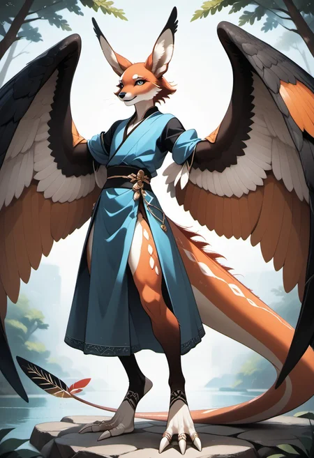 1person, Palagiri, long toes, nimble toes, handfeet, anthro, ((wing arms, large wings, no hands)), feline features, feline nose, thick tail, long tail, tapering tail, feather tipped tail, digitigrade legs,
3/4 view, perfect tail, perfect wings,
Source: anime, score: 9, score: 8up,