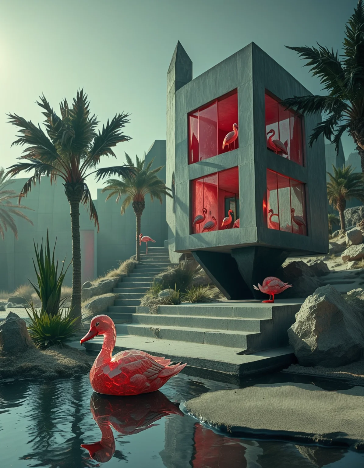 rp_slgd, photo of a house on a small island next to pond, brutalist architecture, duck pond, palms, sand, flamingos, stairs, beach, sun, bird  <lora:zzz_trained\xl_rpr_soulgemmed_v1>