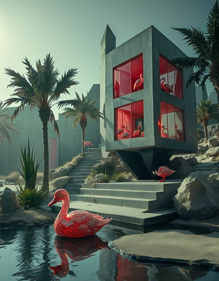 rp_slgd, photo of a house on a small island next to pond, brutalist architecture, duck pond, palms, sand, flamingos, stairs, beach, sun, bird <lora:zzz_trained\xl_rpr_soulgemmed_v1>