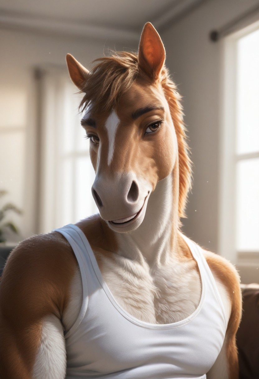 score_9, score_8_up, score_7_up, score_6_up, score_5_up, NegativeDynamics, negative_hand, raw, photo, realistic, by_sonazith, close up shot, highly detailed, anthro, 1boy, solo, furry, anthro horse, Expressiveh, furry horse, furry, anthro, ((anthro male horse)), detailed equine snout, detailed equine nose, white fur, muscular body, looking at the viewer, no expression, brown eyes, detailed eyes, beautiful eyes, half body portrait, (living room), highlighted fur, dramatic lighting, high contrast, looking to the viewer, anatomically perfect body, smiling, sitting on a cozy couch, soft light, wearing a white tank top, black jeans, window in the background, blurred background, Expressiveh, backlit, highlighted fur