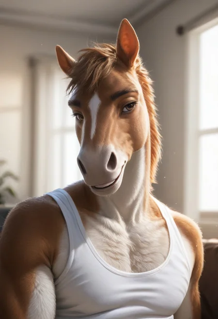 score_9, score_8_up, score_7_up, score_6_up, score_5_up, NegativeDynamics, negative_hand, raw, photo, realistic, by_sonazith, close up shot, highly detailed, anthro, 1boy, solo, furry, anthro horse, Expressiveh, furry horse, furry, anthro, ((anthro male horse)), detailed equine snout, detailed equine nose, white fur, muscular body, looking at the viewer, no expression, brown eyes, detailed eyes, beautiful eyes, half body portrait, (living room), highlighted fur, dramatic lighting, high contrast, looking to the viewer, anatomically perfect body, smiling, sitting on a cozy couch, soft light, wearing a white tank top, black jeans, window in the background, blurred background, Expressiveh, backlit, highlighted fur