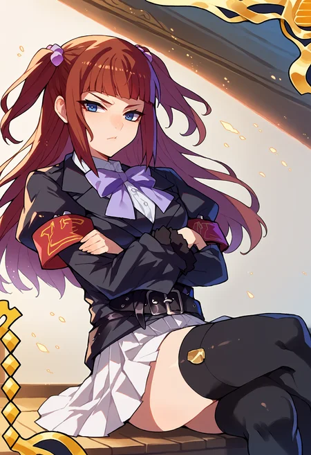 score_9, score_7_up, source_anime, BREAK  <lora:Ange 4:1> Ange, brown hair, two side up, blue eyes, white shirt, purple bow, black jacket, single armband, black belt, white skirt, frilled sleeves, black thighhighs, crossed legs, crossed arms, solo, <lora:Ban!_(bansankan)_PonyXL_style_v01:1>