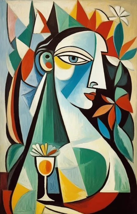 masterpiece,best quality,<lora:tbh296-sdxl:0.8>,illustration,style of Pablo Picasso, A bottle of perfume in garden