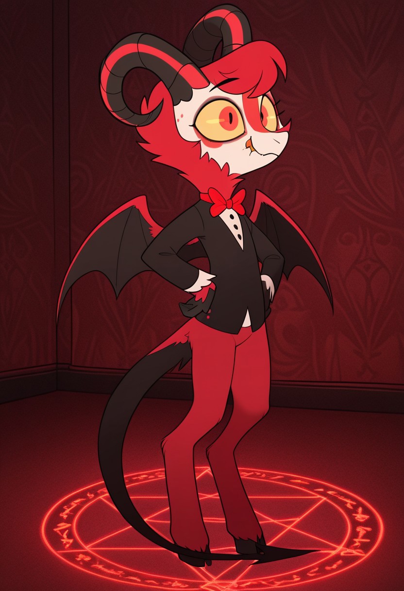 masterpiece, best quality, amazing quality, dazzle, solo, 1boy, Demon, goat horns, yellow sclera, red Eyes, Demon wings, red fur, tuxedo, red bowtie, bara, full body, fire pentagram, horny face