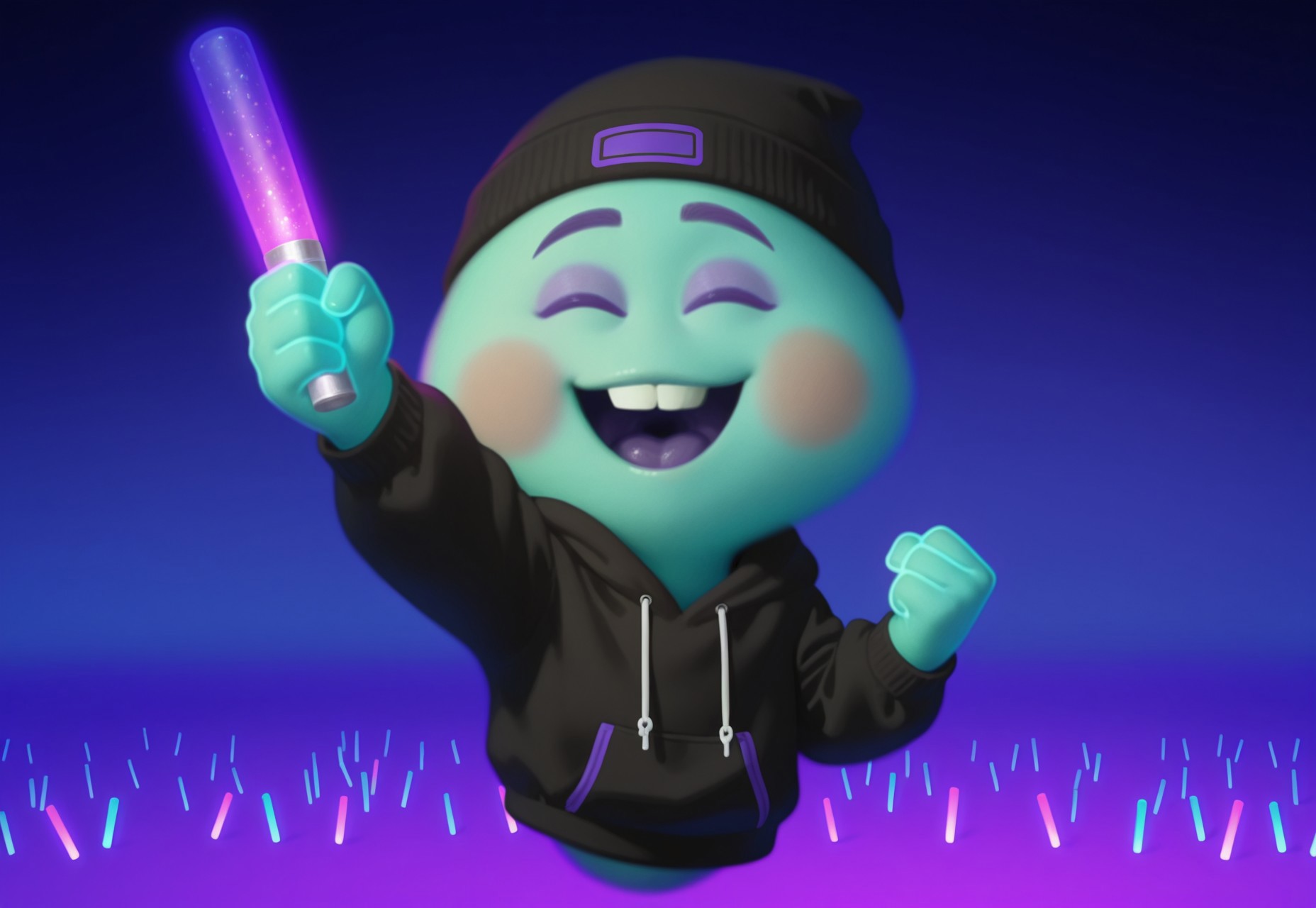 8k, uncensored, masterpiece, best quality, highly detailed, realistic, 1girl, solo, TTSoul, humanoid, floating, legless, purple eyebrows, eyes closed, pink blush stickers, light-aqua body, light-aqua lips, buckteeth, smile, open mouth, dark-purple tongue, (rave, purple glowstick, holding glowstick fist pimp, clenched fist), view, detailed background, ((4 finger)), looking at viewer, happy, (black hoodie, black cap)