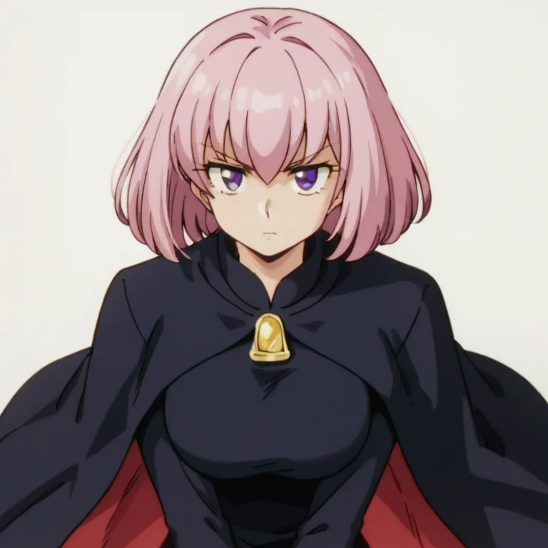 score_9, score_8_up, score_7_up, source_anime, best quality, masterpiece, uncensored, BREAK, Kyoko Otonashi, 1 woman, older female, adult female, very tall female, solo, looking at my eyes, serious, big hair, pink hair, bluish purple eyes, small eyes, bob cut, black dress, black cape, long sleeve, black tights, big breasts, slender constriction, pale color background, simple background, <lora:Kyoko_Otonashi:0.8>