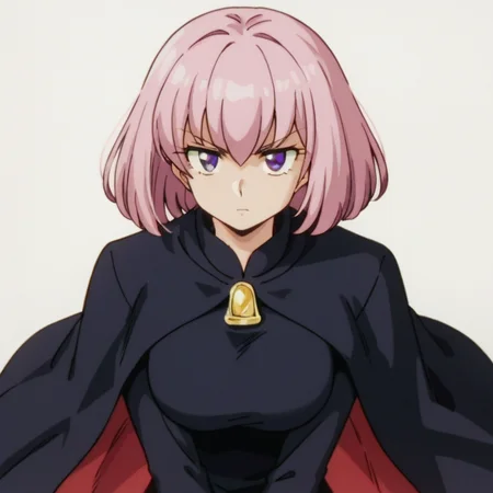 score_9, score_8_up, score_7_up, source_anime, best quality, masterpiece, uncensored, BREAK, Kyoko Otonashi, 1 woman, older female, adult female, very tall female, solo, looking at my eyes, serious, big hair, pink hair, bluish purple eyes, small eyes, bob cut, black dress, black cape, long sleeve, black tights, big breasts, slender constriction, pale color background, simple background, <lora:Kyoko_Otonashi:0.8>