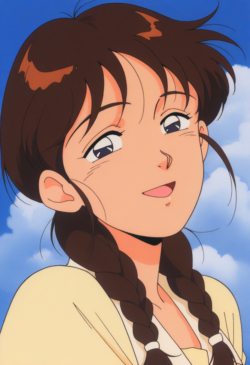 masterpiece, best quality, source_anime,official art,perfect_anatomy,1990s_\(style\),retro_artstyle,1girl,solo,Yu Izumi,brown_hair,long_hair,twin_braid,shirt,looking_at_viewer,smile,open mouth,portrait,day,blue_sky,cloud