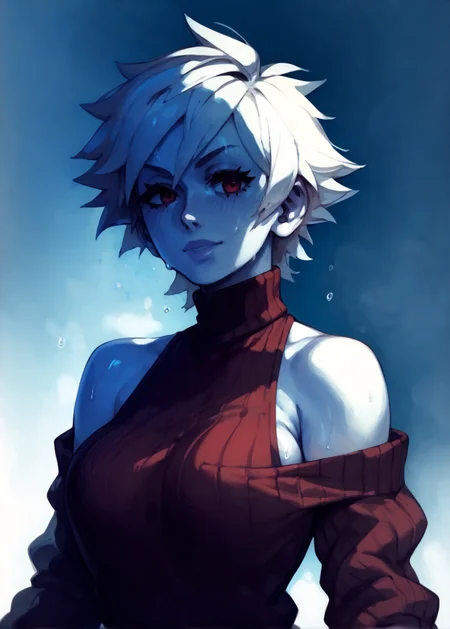white skins, spiky red short tomboy hair, neutral expression, tight sweater, <lora:NAHIRI:1> nahiri, 1girl, solo, short hair, breasts, bare shoulders, white hair, colored skin, side boob, sweaty, underbob <lora:RD-MAnon-XLV1.1:1> female,, source_anime, score_9_up, score_7_up, score_8_up