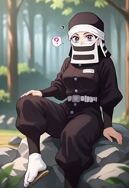 score_9, score_8_up, score_7_up, source_anime, masterpiece, 1girl, ctiankakushi, purple eyes, medium breasts, black headwear, mouth mask, black uniform, white belt, black pants, tabi, zouri, looking at viewer, outdoors, forest, depth of field, sitting, rock, sweat, ? <lora:Kakushi_Pony_ct:0.8>