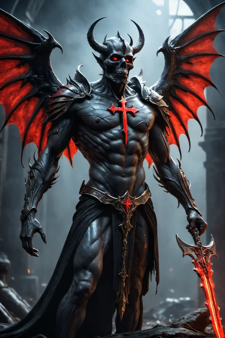 cinematic film still Dystopian style Horror-themed realistic photo of a evil demon with rotting angel wings and holding a scythe,glowing red upside down cross on chest piece,unreal engine 5 quality render cinematic lighting 8k resolution concept art by giger trending on cgsociety,dramatic light,hdr,vivid color scheme,cyberpunk,neon noir style,sci-fi atmosphere,hyper realism,octane,god rays,volumetric,golden ratio,cool 4d,retrowave,in the year 2021,award winning masterpiece,depth,deep focus,black metal,true to life,natural skin,high detailed body,very detailed scene,shadows,detailed background,highly detailed skin,accurate to life,living image,amazingly lifelike .,glow effects,godrays,Hand drawn,render,8k,octane render,cinema 4d,blender,dark,atmospheric 4k ultra detailed,cinematic,Sharp focus,big depth of field,Masterpiece,colors,3d octane render,4k,concept art,trending on artstation,hyperrealistic,Vivid colors,extremely detailed CG unity 8k wallpaper,trending on CGSociety,Intricate,High Detail,dramatic . Eerie,unsettling,dark,spooky,suspenseful,grim,highly detailed,Ultra-HD-details,true to life,natural skin,high detailed body,very detailed scene,shadows,detailed background,highly detailed skin,accurate to life,living image,amazingly lifelike . Bleak,post-apocalyptic,somber,dramatic,highly detailed,, Ultra-HD-details, glow effects, godrays, Hand drawn, render, 8k, octane render, cinema 4d, blender, dark, atmospheric 4k ultra detailed, cinematic, Sharp focus, big depth of field, Masterpiece, colors, 3d octane render, 4k, concept art, trending on artstation, hyperrealistic, Vivid colors, extremely detailed CG unity 8k wallpaper, trending on CGSociety, Intricate, High Detail, dramatic, true to life,natural skin,high detailed body,very detailed scene,shadows,detailed background,highly detailed skin,accurate to life,living image,amazingly lifelike . shallow depth of field, vignette, highly detailed, high budget, bokeh, cinemascope, moody, epic, gorgeous, film grain, grainy