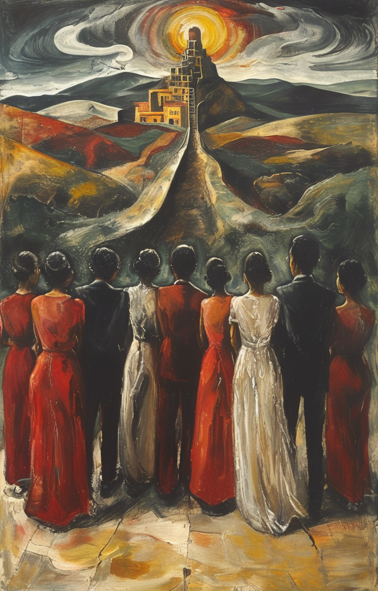 masterpiece,best quality,<lora:tbh178-sdxl:0.9>,illustration,style of David Alfaro Siqueiros,Human historical evolution