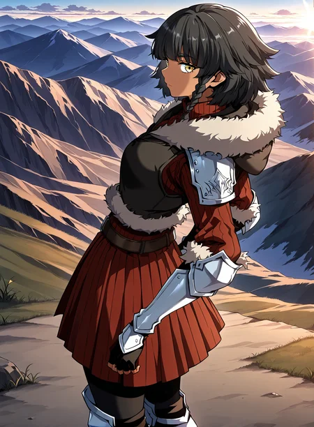 <lora:Mica_Earthborn__The_Beginning_After_the_End__Illustrious:1>
1 girl, solo, dark skin, golden eyes, short black hair, uneven bangs, side braid, layered hair, messy hairstyle,
Mica_Earthborn_winter, red winter outfit, fur-trimmed coat, brown fur accents, high collar, long sleeves, leather belt, armored boots, arm guards, pleated skirt, layered outfit
score_9, score_8_up, score_7_up, source anime, BREAK, cowboy shot, (from side), looking back, looking at viewer, overlooking mountain, high altitude, scenery, exterior, background