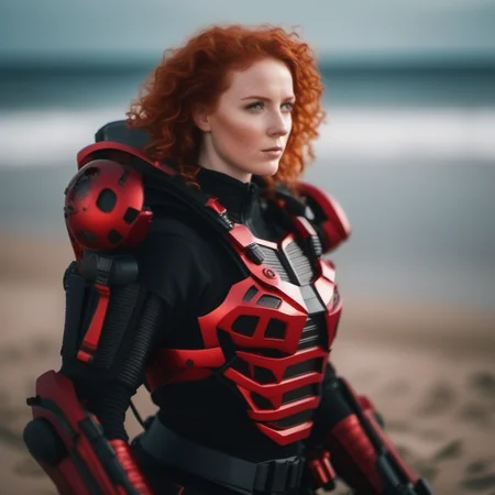 cinematic photo a full body curly redhead woman wears a red and black futuristic light armor, beach background <lora:Exosuit1024:0.9> . 35mm photograph, film, bokeh, professional, 4k, highly detailed