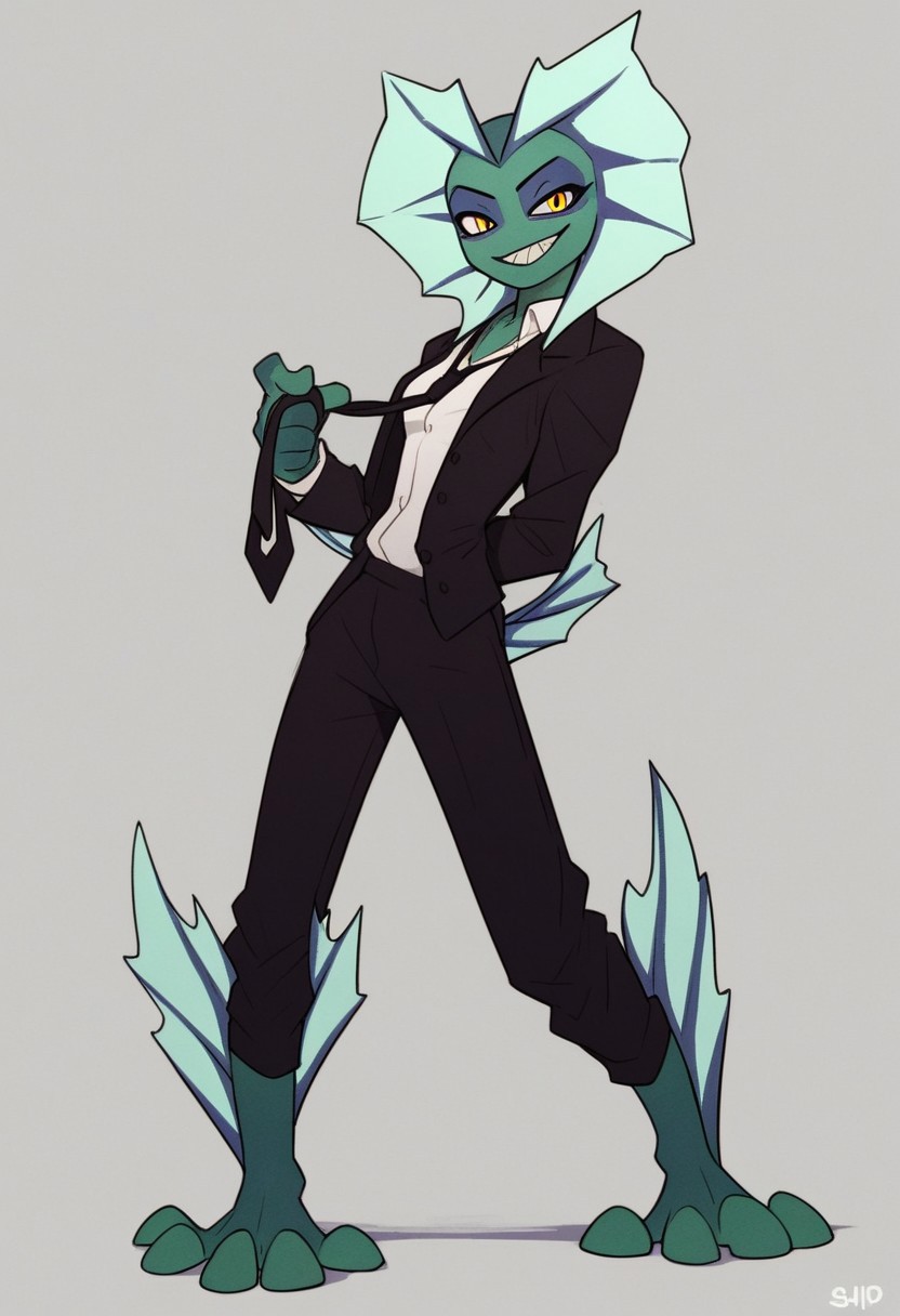 score_9, score_8_up, score_7_up, solo, BMBAl, scalie, humanoid, green skin, fins, 1girl, bald, yellow eyes, 1girl, solo, colored skin, fish girl, barefoot, small breasts, standing, adjusting tie, suit, formalwear, black pants, white shirt, black jacket, looking at viewer, grin,