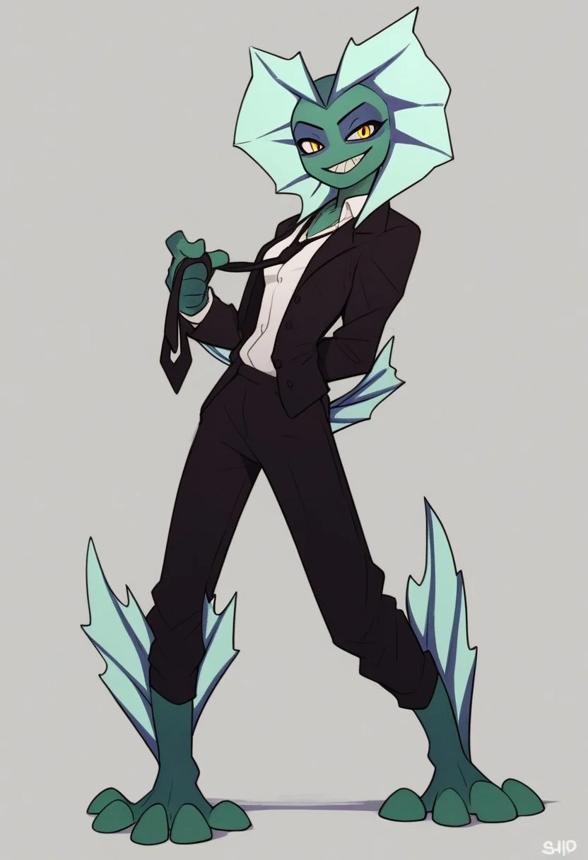 score_9, score_8_up, score_7_up, solo, BMBAl, scalie, humanoid, green skin, fins, 1girl, bald, yellow eyes, 1girl, solo, colored skin, fish girl, barefoot, small breasts, standing, adjusting tie, suit, formalwear, black pants, white shirt, black jacket, looking at viewer, grin,