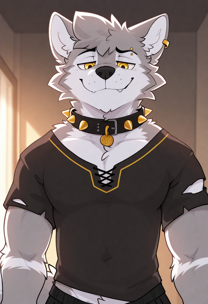 best quality, amazing quality, very aesthetic, absurdres, newest, by pache riggs, male focus, 1boy, solo, upper body, BREAK 
furry, anthro, wolf, golden earring, eyebrow piercing, yellow eyes, two-tone fur, fur tufts, tail, torn clothes, bara, bold, golden spiked collar, smug face, <lora:Pache_Riggs_style_Illustrious:1>