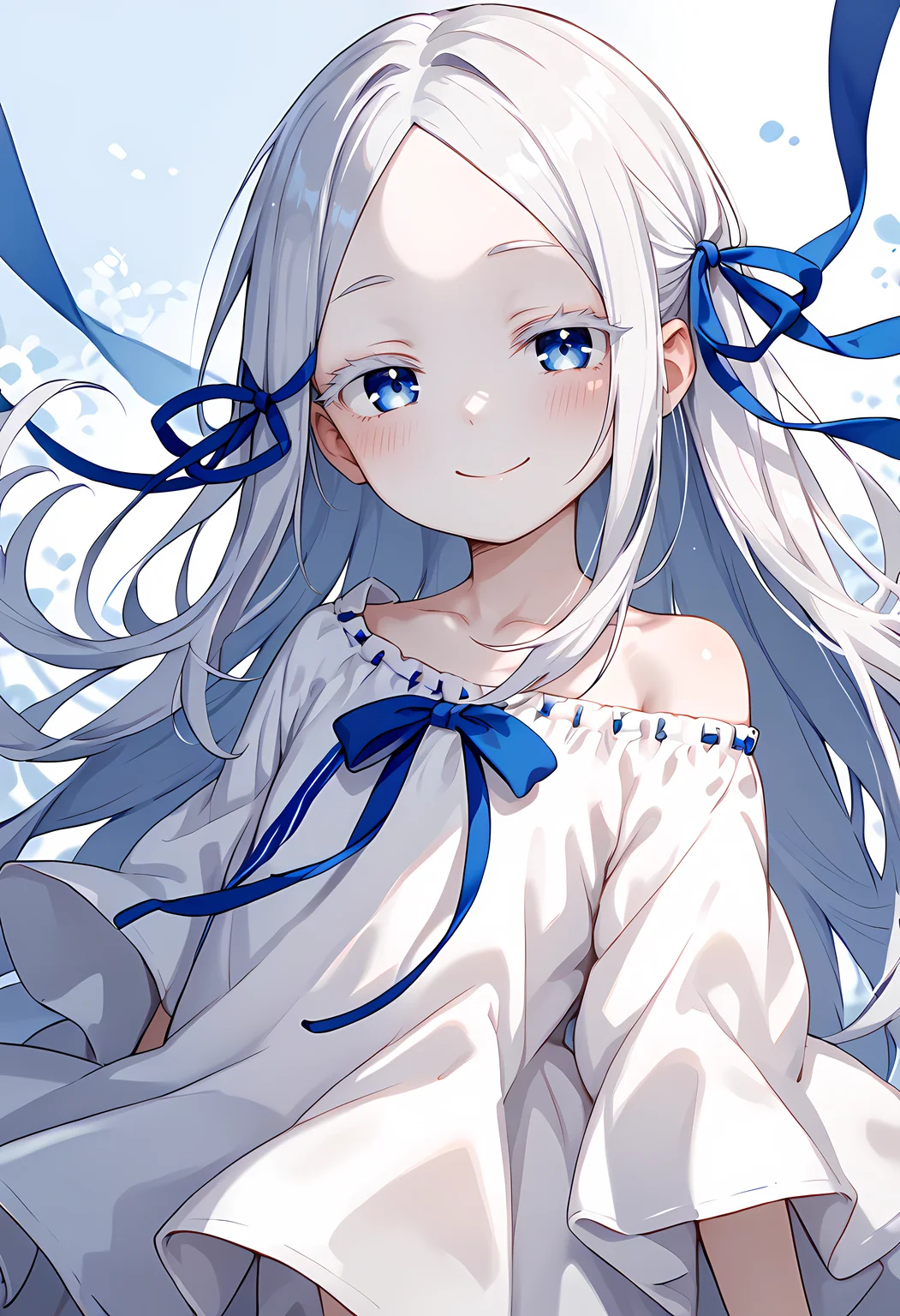 ,score_9, score_8_up, score_7_up, score_6_up, score_5_up, score_4_up,an anime style image of a woman wearing a white dress with blue ribbons on her head, colored eyelashes, 1girl, solo, ribbon, dress, long hair, blue eyes, hair ribbon, parted bangs, blue ribbon, white dress, smile, bangs, right off shoulder, collarbone, blush, very long hair <lora:pandora_pony:1>white skin,flat chest,half closed eyes