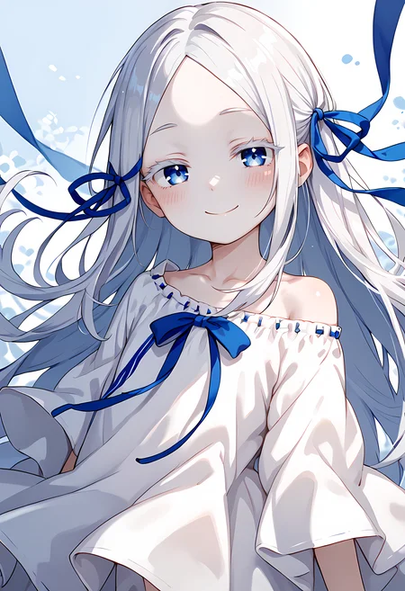 ,score_9, score_8_up, score_7_up, score_6_up, score_5_up, score_4_up,an anime style image of a woman wearing a white dress with blue ribbons on her head, colored eyelashes, 1girl, solo, ribbon, dress, long hair, blue eyes, hair ribbon, parted bangs, blue ribbon, white dress, smile, bangs, right off shoulder, collarbone, blush, very long hair <lora:pandora_pony:1>white skin,flat chest,half closed eyes