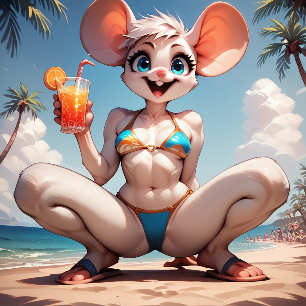 <lora:BeckieMouse_v4.1-000009:0.8> B3ck13M0us3, score_9, score_8_up, score_7_up, source_anime, wearing bikini, flip flops, holding mixed drink, on beach, palm trees, clouds, looking at viewer, excited expression, detailed, hands, <lora:hand 4:0.8> hand person