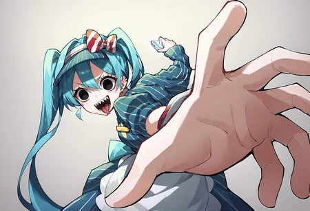 score_anime,score_9,score_8_up,score_7_up,
<lora:Mesmerizer_PDXL:1>,mikumesmerizer,hatsune miku,vertical-striped dress,waist apron,sharp teeth,visor cap,open mouth,tongue,empty eyes,<lora:PepePunchMeme_XLPD:1>,IncrsPunchMeme,incoming punch,love hotel room,(One hand makes a fist),<lora:Hypno_App_POV:1>,
(There is a pov hand holding a phone in the bottom left corner of the frame),