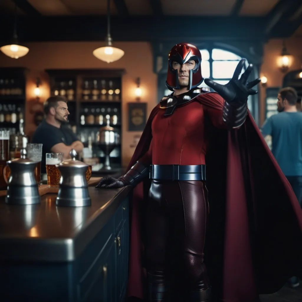 cinematic photo a man with a helmet and a cape is look intensely, opened hands casting a spell, a metal mug on a counter in a pub <lora:Magneto1024:0.8> . 35mm photograph, film, bokeh, professional, 4k, highly detailed
