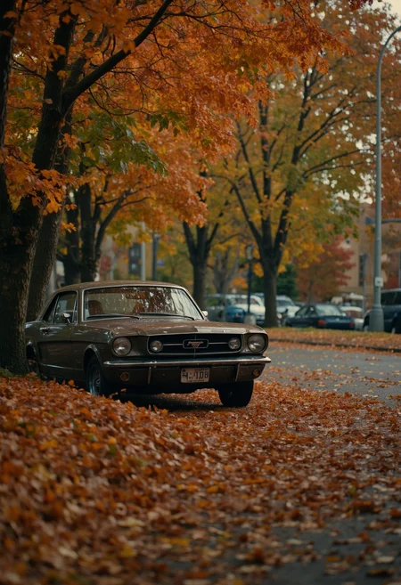 cinematic, A vintage car sits under a canopy of autumn leaves, film grain, Short telephoto focal length, shot on ALEXA 65