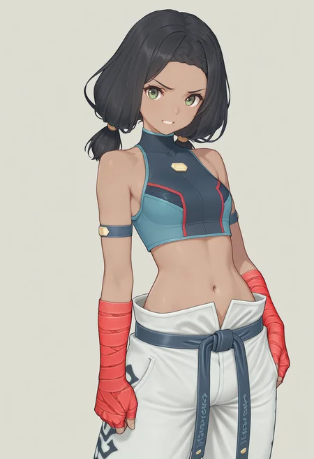 masterpiece, best quality, good quality, 1girl, solo, xenoblade, cowboy shot, ghondor, low twintails, green eyes, print pants, crop top, bandaged arm, belt <lora:ghondor illustrious 002:1>