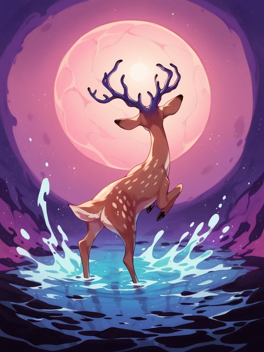 score_9, score_8_up, score_7_up, score_6_up, score_5_up, <lora:fl33b1t3sXLP:0.8> fl33b1t3s, solo, deer, cosmic horror, feral, water
