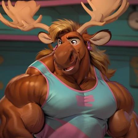score_9, score_8_up, score_7_up, score_6_up, M1K4_Moose, Mika, Anthropomorphic Moose, Brown Fur, Antlers, Moose, Brown nose, Brown Eyes, Muscular Male, Bara, muscles, male focus, animal focus, Mullet, Blonde Hair, hooves, two-fingers, tank top, earrings, animal ears, animal focus, headshot, smiling