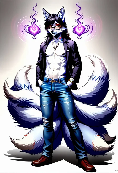 {((1male:2.0)), furry, fox, ((kitsune:2.0)), white fur, long hair, dark hair, blue highlight in hair, fox ears, glasses, nerdy, fox tails, denim jeans, shirtless, thin build, androgynous, hypnotist, holding pocket watch, corruption magic, dark magic, student, on college campus, full body render, }
FurryDalle, cartoon, high quality,