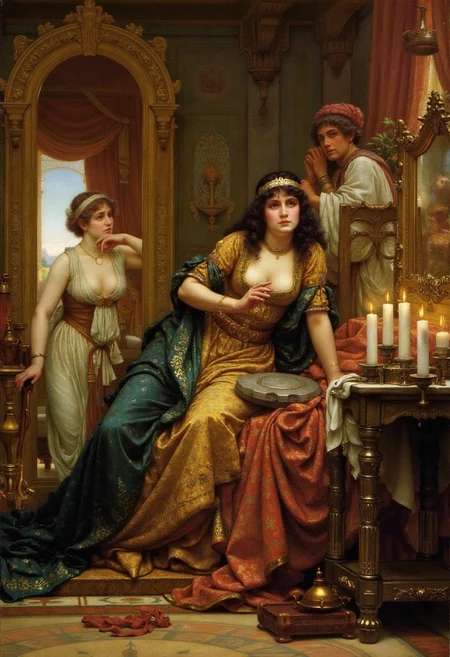 19th century Victorian oil painting by Ernest Normand of A medieval queen in a private chamber, her elaborate gown slipping from her shoulders as she gazes into a gilded mirror, her maidservants adjusting her hair and jewelry, with soft candlelight casting warm shadows across the room