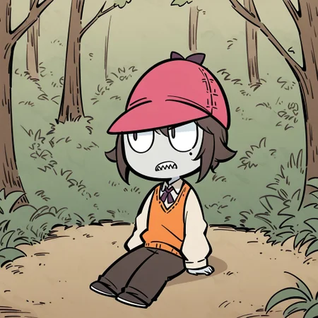 (solo:1.2),1blobs, humanoid, charcoal white skin, Circle Eye, mole under eye, sharp teeth, no humans, Magenta Deerstalker Cap, orange vest, tan shirt, dark brown pants, Maroon Bow Tie, Sitting, Forest, Artist by Alexis Beaumont, big lineart, digital illustration, France hand drawn art, Thick lineart, Art Style of Wuye Changjie and Hiroyuki Imaishi, MFKZ parody, <lora:Alternative_lora:0.7>,<lora:TakeichiAbarayaArtistStyle_v10:0.2>, <lora:AlexisBeaumont-10:0.8>, <lora:SilviaDeVenturaArtist-19:0.2>, <lora:LewisTrondheimXLP_Style:1>, <lora:Kim_Pong_PongV2:0.9>, <lora:Archies_Comic-XL:1>, <lora:Mutafukaz-000044:0.8>