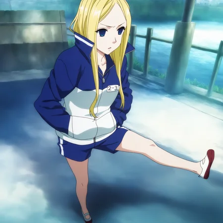 sharp focus, pixiv masterpiece, score_9, score_8_up, source_anime, score_7_up, best quality, high res, absurd res, BREAK
<lora:Nino_arakawa_under_the_bridge_illu_v38:1>,nino_arakawa_il, (1girl, solo:1.5), blonde_hair, blue_eyes, blue_white_tracksuit, number_tag, uwabaki_shoes, long_hair,(anime_screencap:1.1) hands_in_pockets, blue_shorts, side_stripes, full body, standing, sunny day