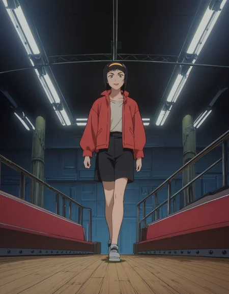 score_9, score_8_up, score_7_up, <lora:cowboy-bebop-ponyxl-000020:1> v4l3nt1ne, hairband, yellow hairband, looking at viewer, smile
1girl, solo, ceiling light, stage, walking, fashion, streetwear, catwalk \(modeling\), cowboy shot