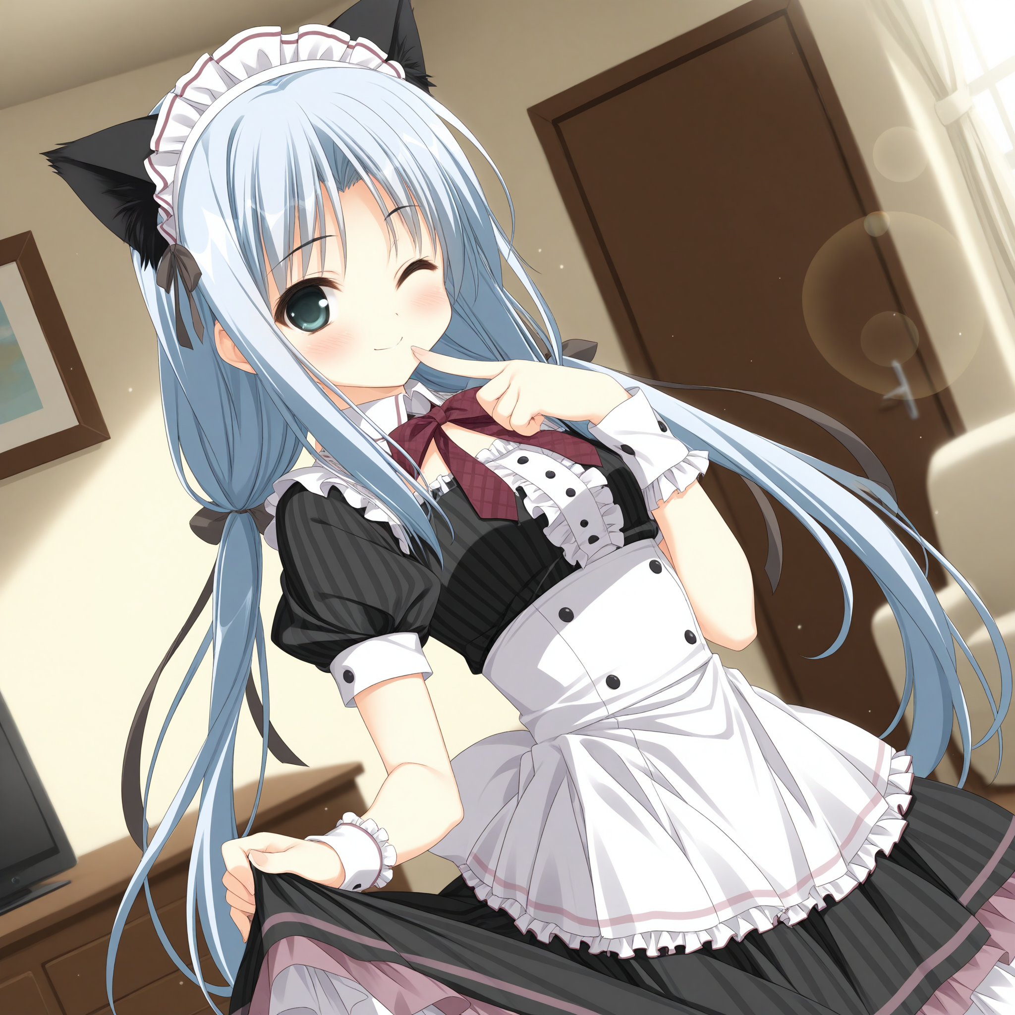 <lora:Nonohara_Hinazakura_1_nai-000038:1>,Nonohara Hinazakura,twintails,hair ribbon,black ribbon,
cat ears,black ears,maid headdress,maid,wrist cuffs,red bowtie,puffy short sleeves,layered dress,waist bow,white bow,frills,striped clothes,
1girl,solo,one eye closed,looking at viewer,indoors,skirt lift,smile,blush,living room,lens_flare,dutch angle,finger to mouth,from side,depth of field,