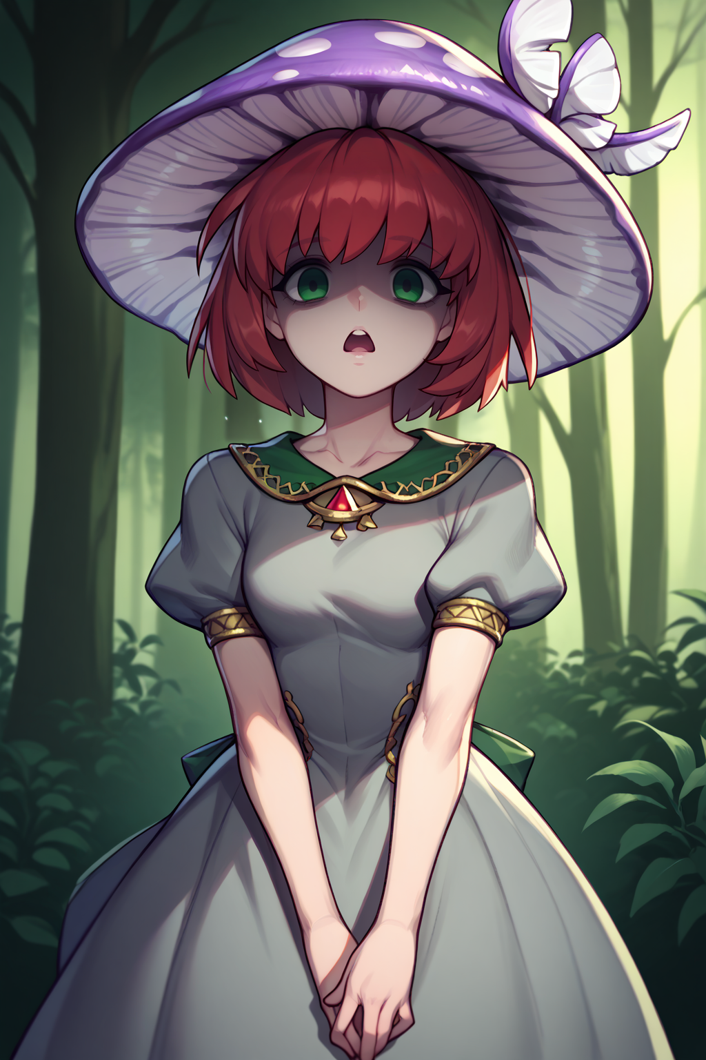 score_9, score_8_up, score_7_up, BREAK <lora:NSPriscillaFE7:0.8> 1girl, solo, NSPriscillaFE7, red hair, green eyes, short hair, gray dress, forest background, dark and gloomy atmosphere, purple mushroom hat, shaded face,  :<, open mouth,