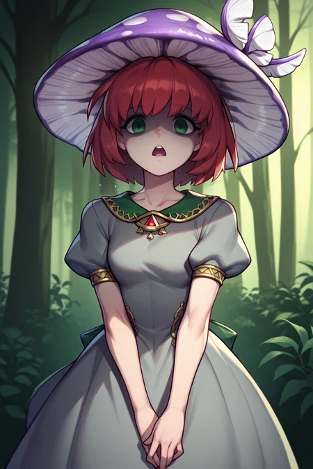 score_9, score_8_up, score_7_up, BREAK <lora:NSPriscillaFE7:0.8> 1girl, solo, NSPriscillaFE7, red hair, green eyes, short hair, gray dress, forest background, dark and gloomy atmosphere, purple mushroom hat, shaded face, :<, open mouth,