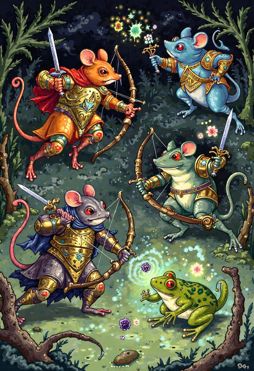 Clip L palech_styleIllustrate a fantastical battle scene between mice and frogs. The mice should be robust, armored fighters wielding bows and swords, while the frogs should be smaller and less well-armed, relying on magic and trickery to defeat their larger opponents. The setting could be a swampy battlefield under a murky sky, with vines and branches littering the ground. Show detailed animations of the mice's intricate armor designs and the frogs' magical spells, like flickering lights and floating objects. Use a muted color palette for the frogs and a brighter, more vibrant one for the mice to create contrast and excitement. The overall effect should be a whimsical yet tense clash of species, showcasing the ingenuity of both sides in the face of adversity. Illustration in the palech styleT5XXLpalech_styleIllustrate a fantastical battle scene between mice and frogs. The mice should be robust, armored fighters wielding bows and swords, while the frogs should be smaller and less well-armed, relying on magic and trickery to defeat their larger opponents. The setting could be a swampy battlefield under a murky sky, with vines and branches littering the ground. Show detailed animations of the mice's intricate armor designs and the frogs' magical spells, like flickering lights and floating objects. Use a muted color palette for the frogs and a brighter, more vibrant one for the mice to create contrast and excitement. The overall effect should be a whimsical yet tense clash of species, showcasing the ingenuity of both sides in the face of adversity. Illustration in the palech style